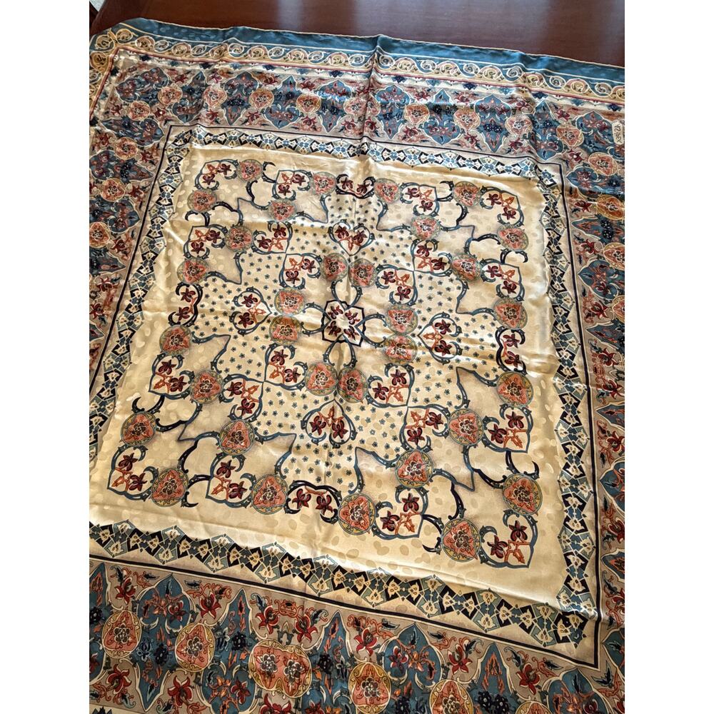 Vintage ASIPEK 42” Silk Scarf  Ornate Tile & Medallion Motif  Teal Coral Cream